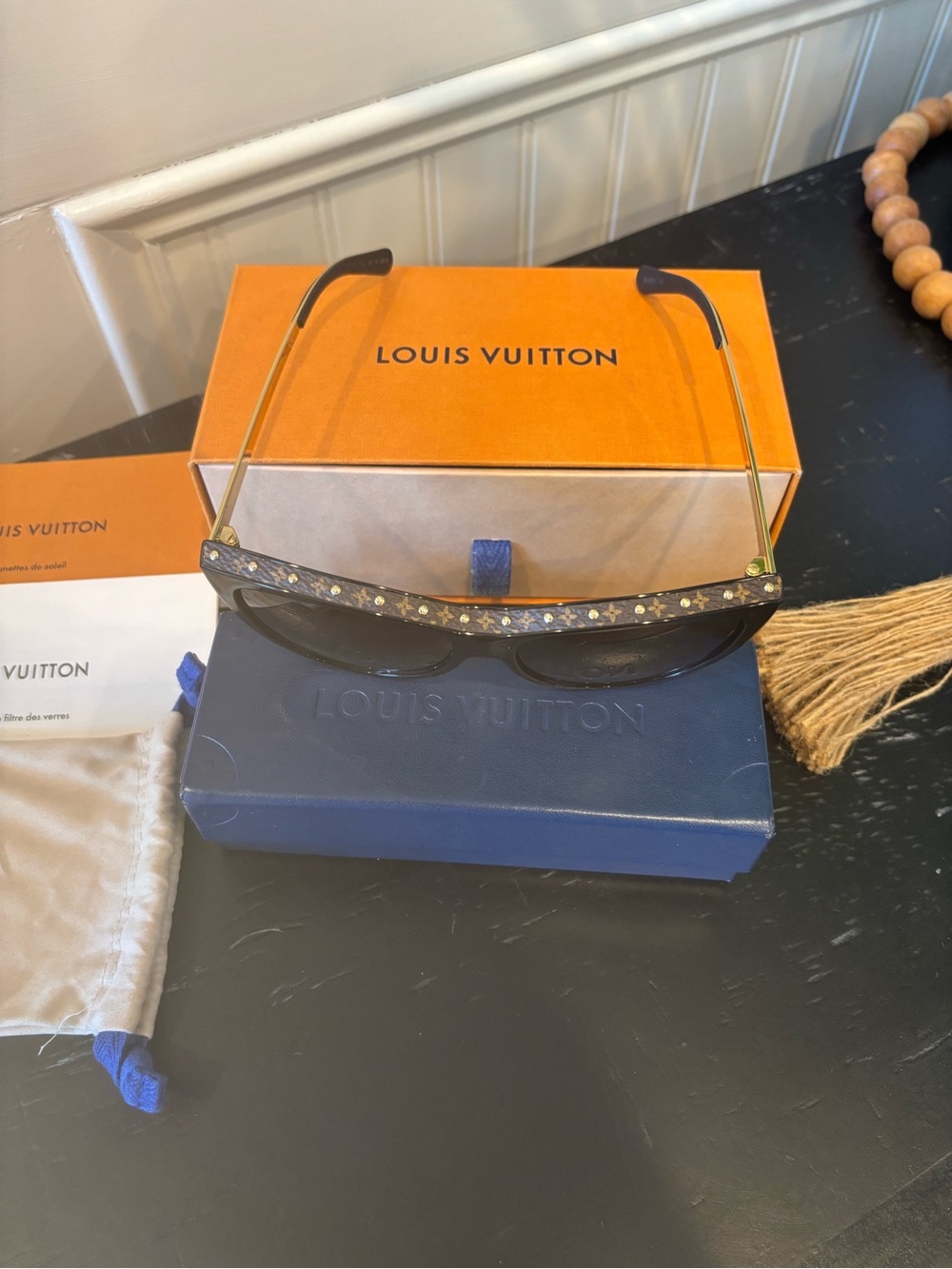 Louis Vuitton brown cat-eye sunglasses with gold stud accents. - Picture 8 of 12